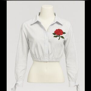 Blue & White Crop Top with Red Rose Embroidery